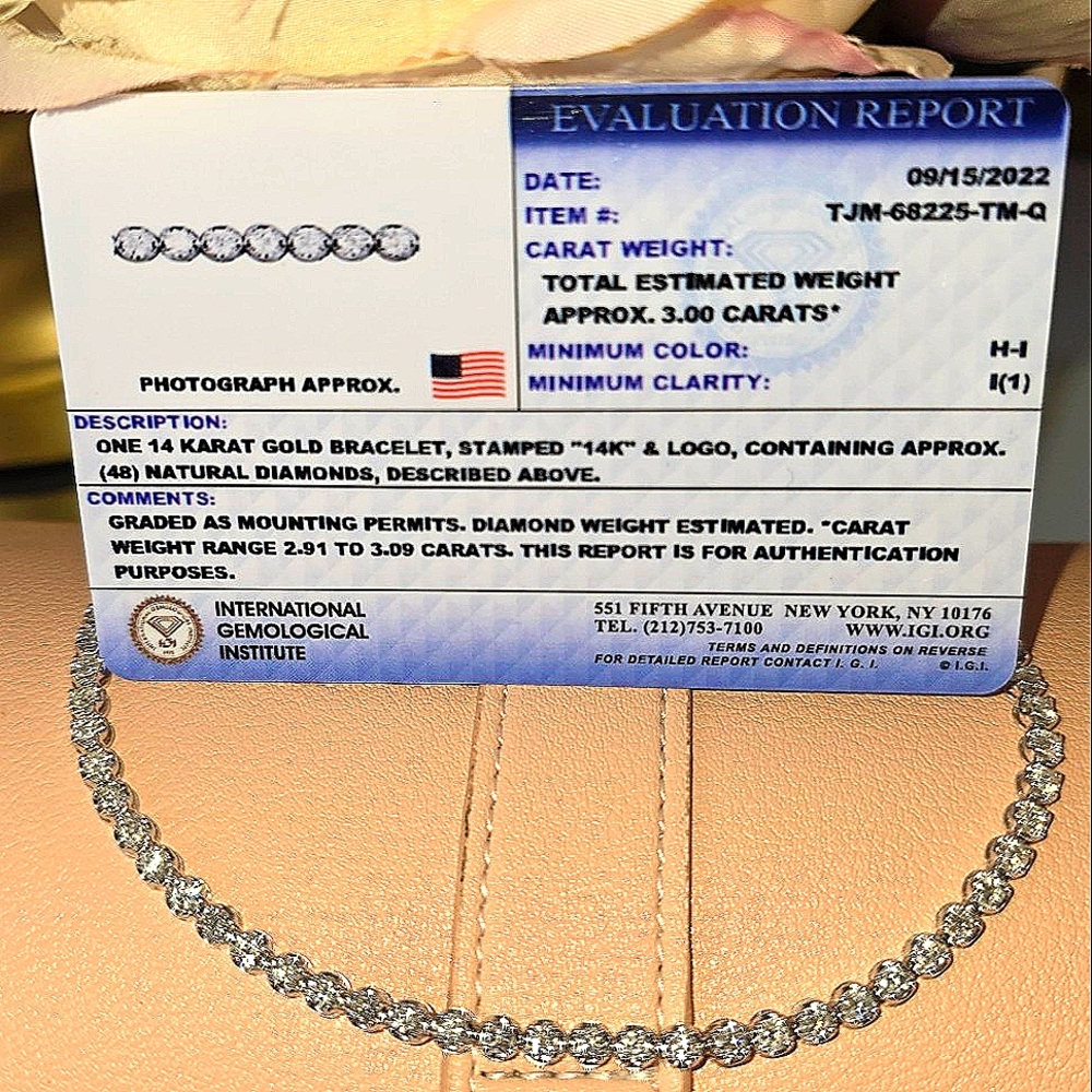 Natural Diamond Tennis Bracelet 3 CTW, 14K GOLD - Picture 7 of 8